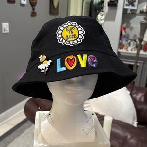 Black Bucket Hat with Colorful Patches and pins!